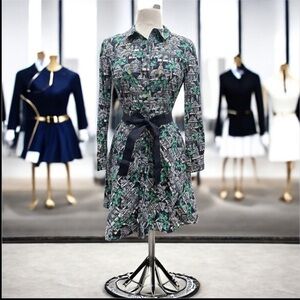 Boden Conservatory Print Kitty Style Long Sleeve Belted Button Down Shirt Dress